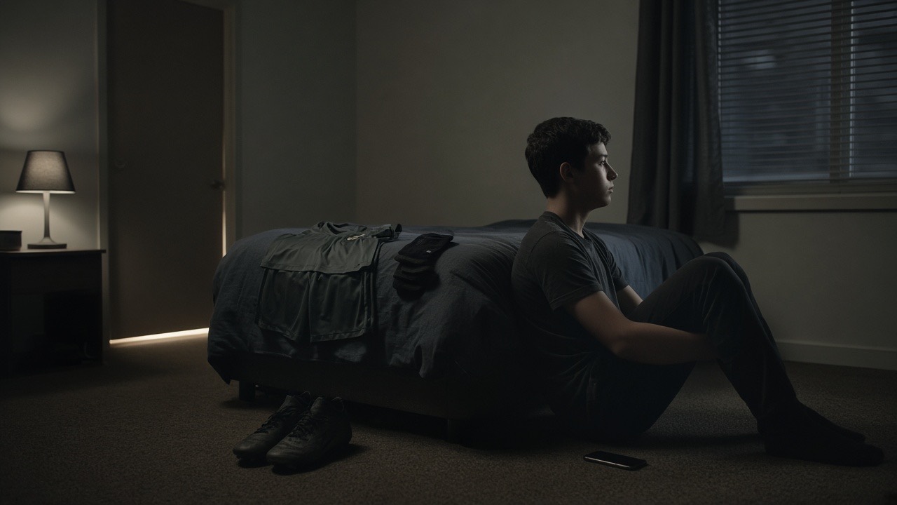 A boy sitting on his bedroom floor at night, kit laid out on the bed