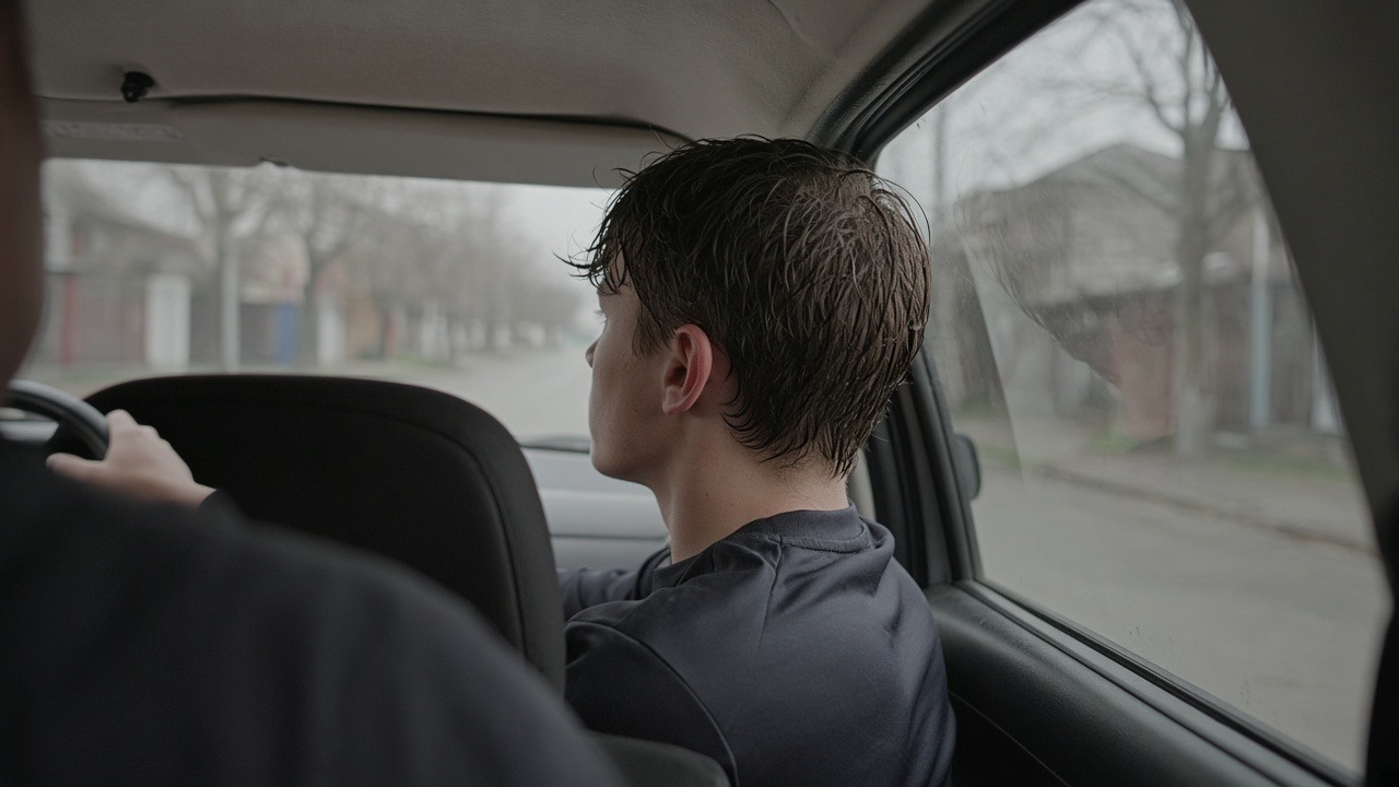 A boy with wet hair in the passenger seat, looking out of the window