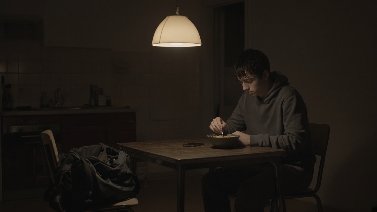 A boy eating alone at a kitchen table under one lamp, kit bag on the chair
