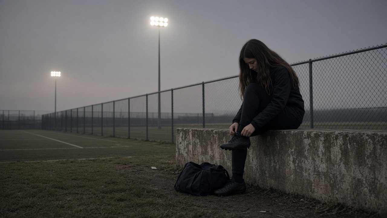 A girl alone on a concrete wall by an empty pitch at dusk, lacing her boots